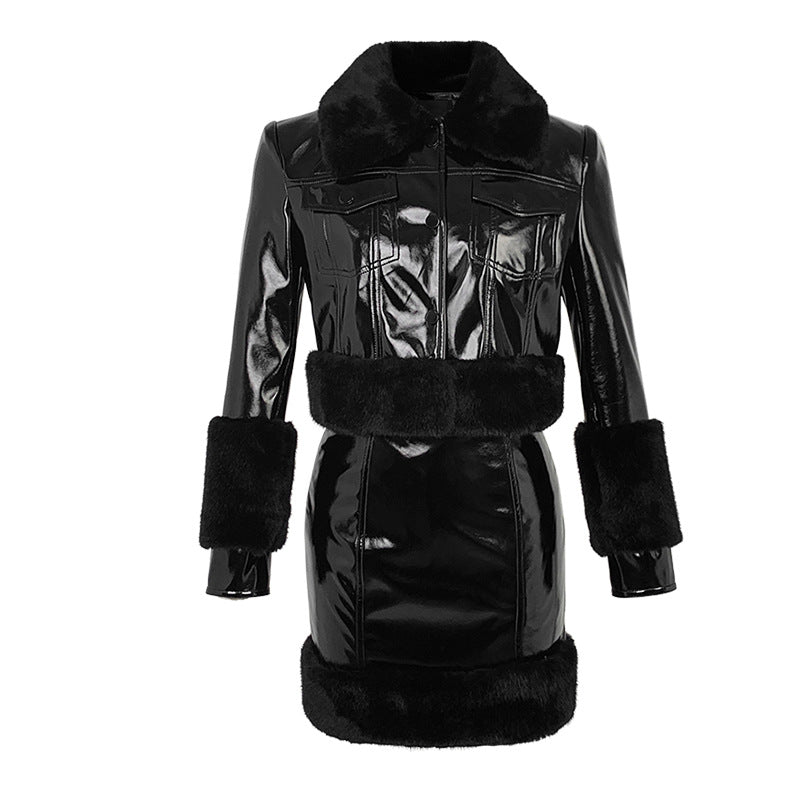 Black Faux Leather Cropped Faux Fur Collar Jacket + Mini Skirt Women's 2-Piece Set