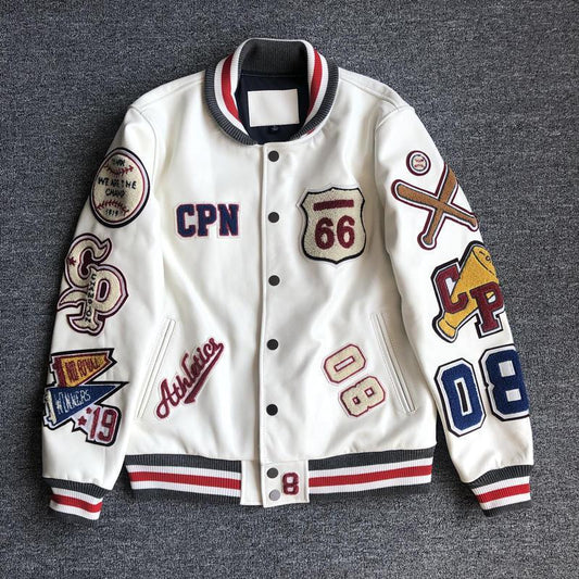 Men's White "Winning The Day" Patchwork Hip-Hop Letter Print Varsity Baseball Bomber Jacket