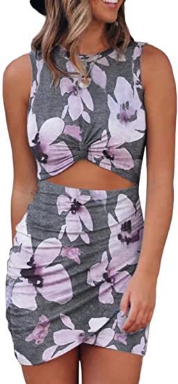 Ruched Tie-Dye/Leopard/Flower/Gradient Colorblock/Tropical Round Neck Hollow-Out Pullover Sleeveless Dress