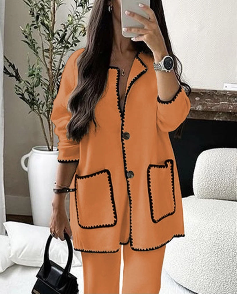Oversized Colorblock Stitch Design Button-Up Pocketed Sweater Blazer + Pants Women's Knitted Suit