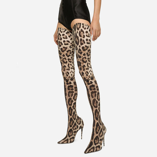 Leopard Print Pointed Toe Stiletto Heel Ultra Long Women's Over-the-Knee Stretch Thigh-High Boots