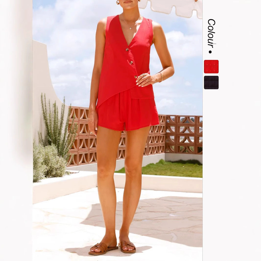 Leopard/Solid Color Print Lace-Up Sleeveless Backless Women's Top + High Waist Shorts 2-Piece Set