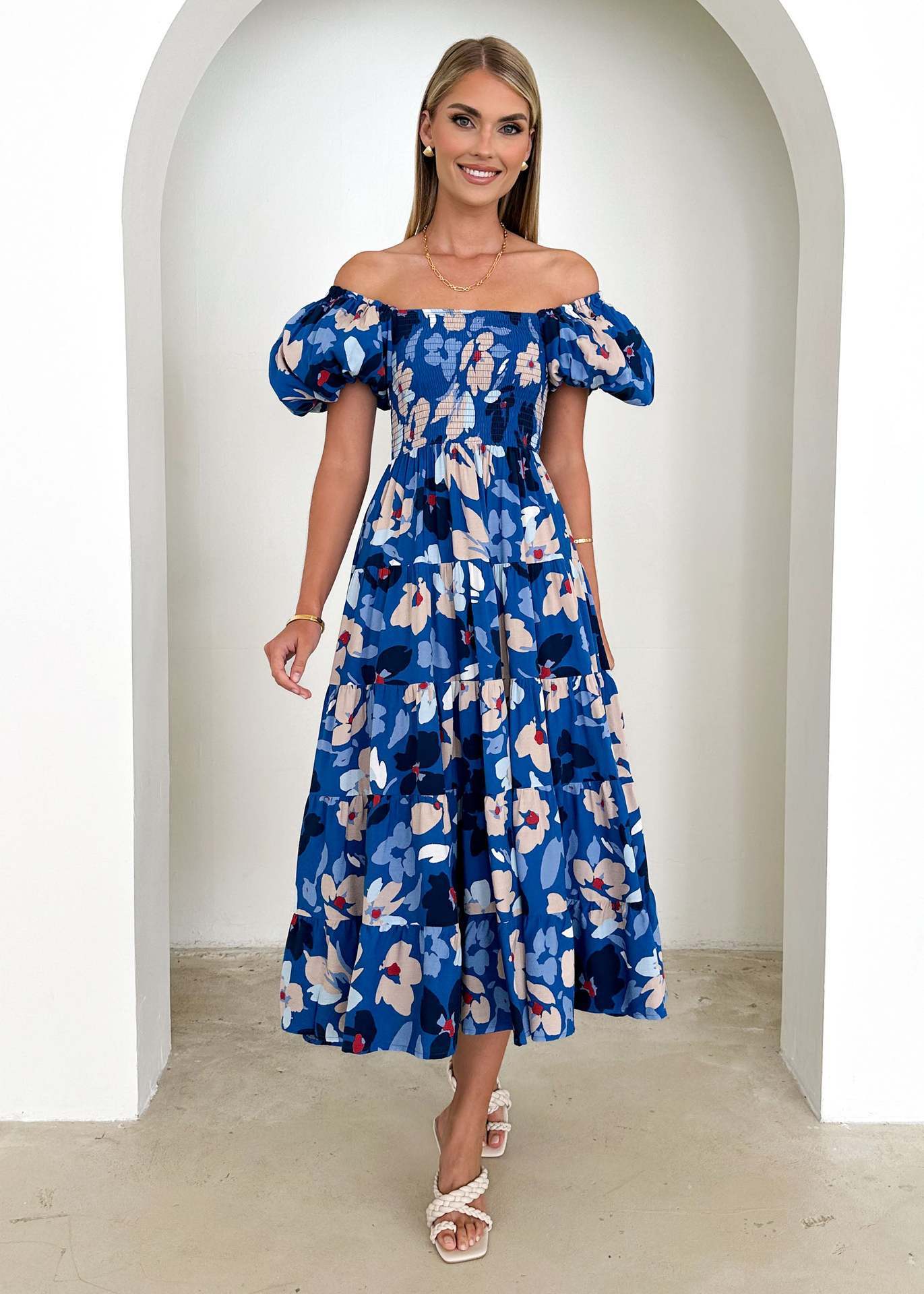 Flower Print Tiered Short Bubble Sleeve High Waist Off-the-Shoulder Bohemian Maxi Dress