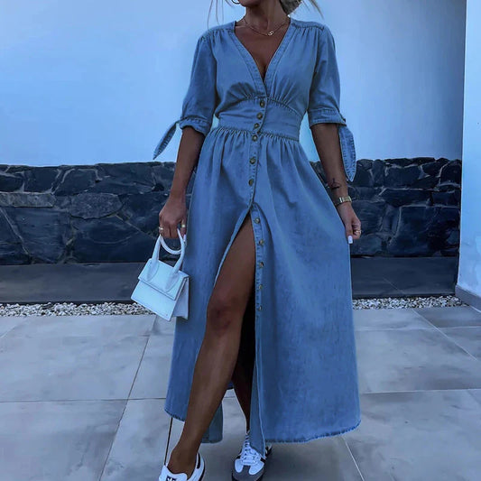 Denim Bohemian Ruched Deep V-Neck Long Sleeve High Slit Maxi Jean Dress