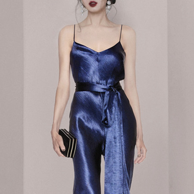 Satin Navy Blue Sleeveless Spaghetti Strap V-Neck Women's Suspender Formal Party Jumpsuit