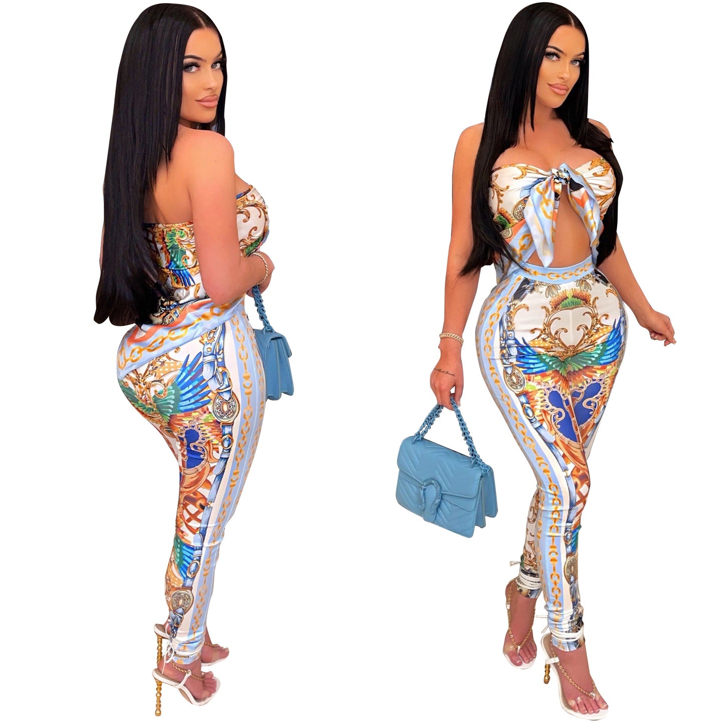 Baroque Print Women's Sleeveless Lace-Up Tube Top + Skinny Pants Two Piece Set
