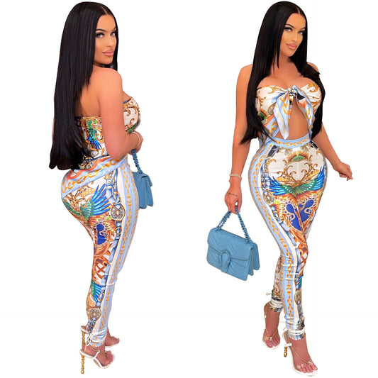 Baroque Print Women's Sleeveless Lace-Up Tube Top + Skinny Pants Two Piece Set