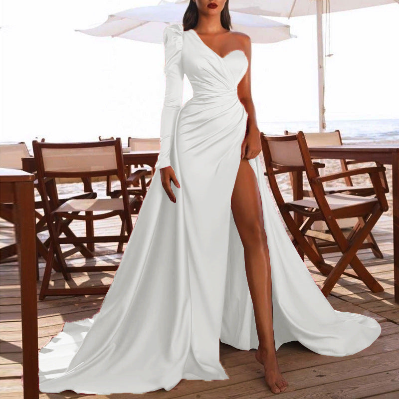 Satin Asymmetrical One Shoulder Long Puff Sleeve High Slit Solid Color Formal Maxi Party/Prom Dress to 3X Plus Size