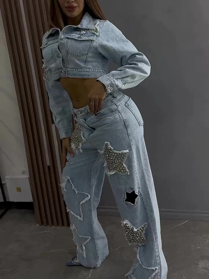 Denim Embellished Star Tassel Fringe Pattern Light Blue Diamond Patchwork Long Sleeve Crop Jean Jacket + Streetwear Jeans Women's 2-Piece Set