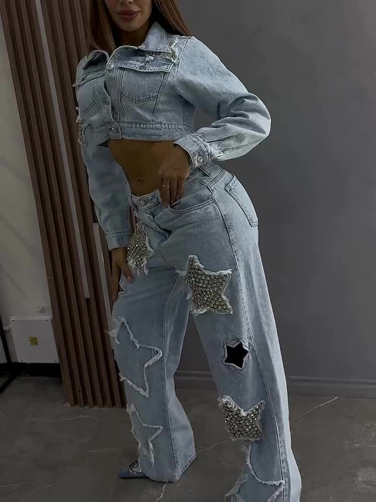 Denim Embellished Star Tassel Fringe Pattern Light Blue Diamond Patchwork Long Sleeve Crop Jean Jacket + Streetwear Jeans Women's 2-Piece Set