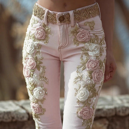 Soft Pink Vintage Rose Embroidered Print Women's Jeans to 3X Plus Size