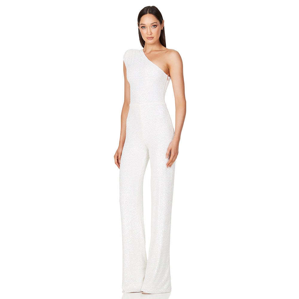 Sequin Sleeveless Sparkling Glitter Asymmetrical One Shoulder Women's Jumpsuit