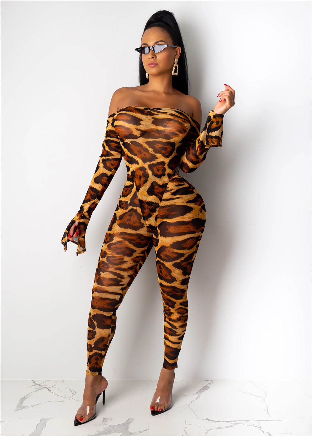 Off-the-Shoulder Leopard Print Women's Long Sleeve Top + Skinny Leggings 2-Piece Pants