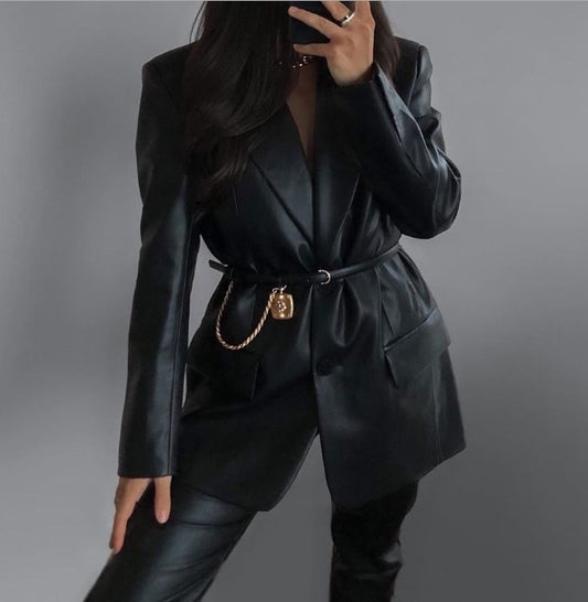 Black PU Leather Turn-Down Collar Women's Open Blazer Jacket