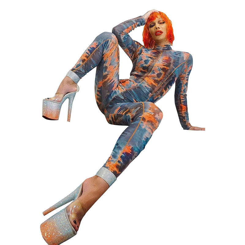 Geometric Multi-Colored Print Mock Neck Long Sleeve Skinny Jumpsuit