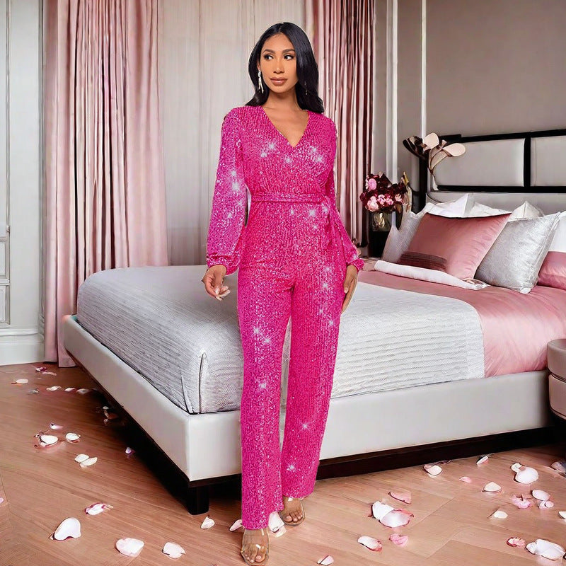 Sparkling Sequin Sash Belt Design V-Neck Long Sleeve High Waist Women's Formal Wide Leg Jumpsuit to 3X Plus Size