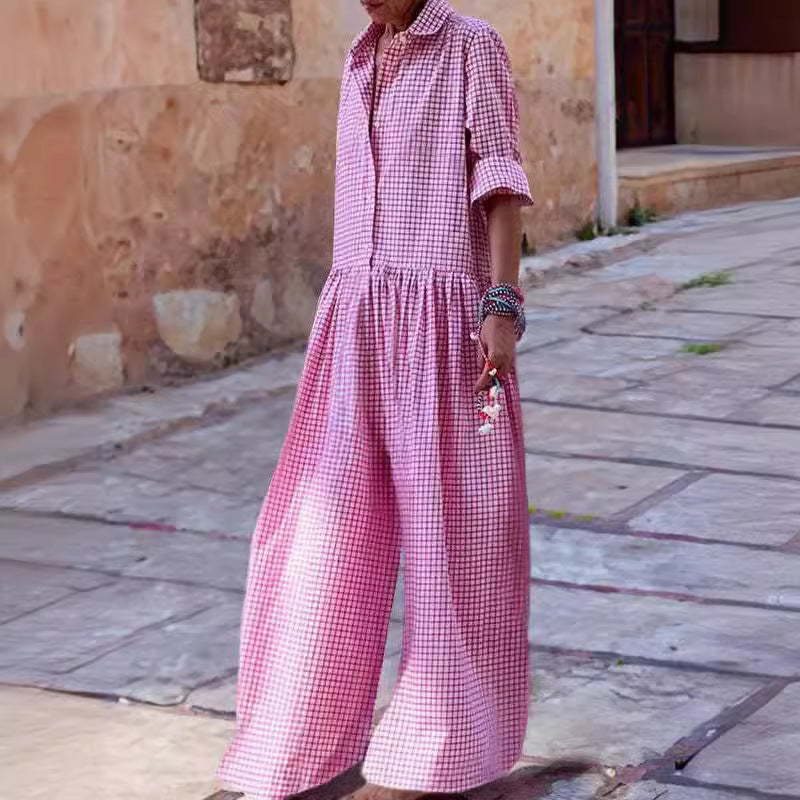 Plaid Print Oversized Turn-Down Collar Long Sleeve Pleated Women's Wide Leg Jumpsuit to 3X Plus Size