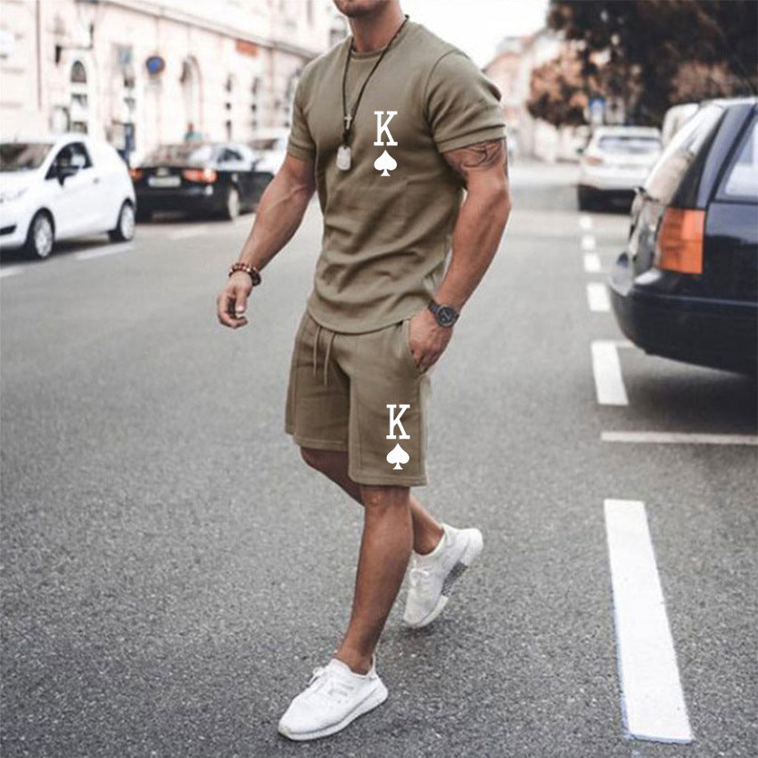 Men's King Of Spades Print Loose Solid Color Casual T-Shirt + Shorts 2-Piece Set