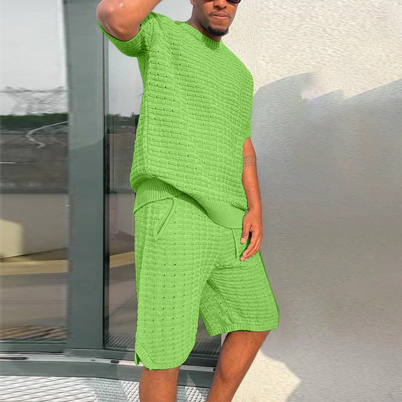 Men's Knitted Waffle Pattern Solid Color O-Neck T-Shirt w/ Shorts 2-Piece Set