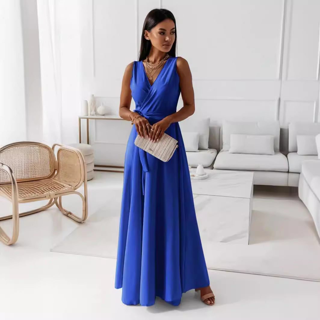 Solid Color V-Neck Sleeveless Belted Party Evening Maxi Wrap Dress