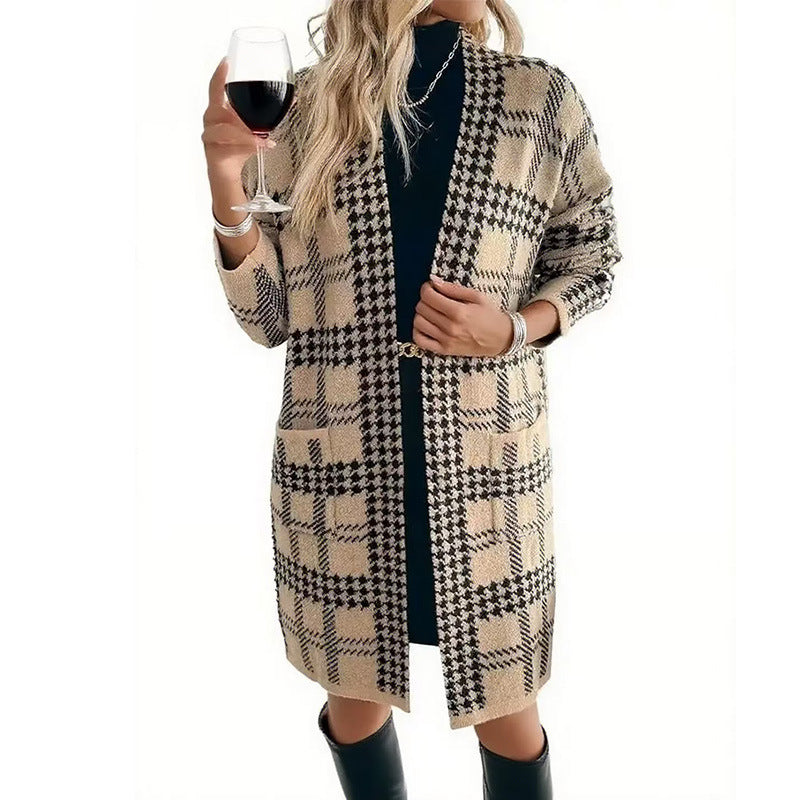 Plaid Houndstooth Print Knitted Pocketed Women's Long Sleeve Maxi Sweater