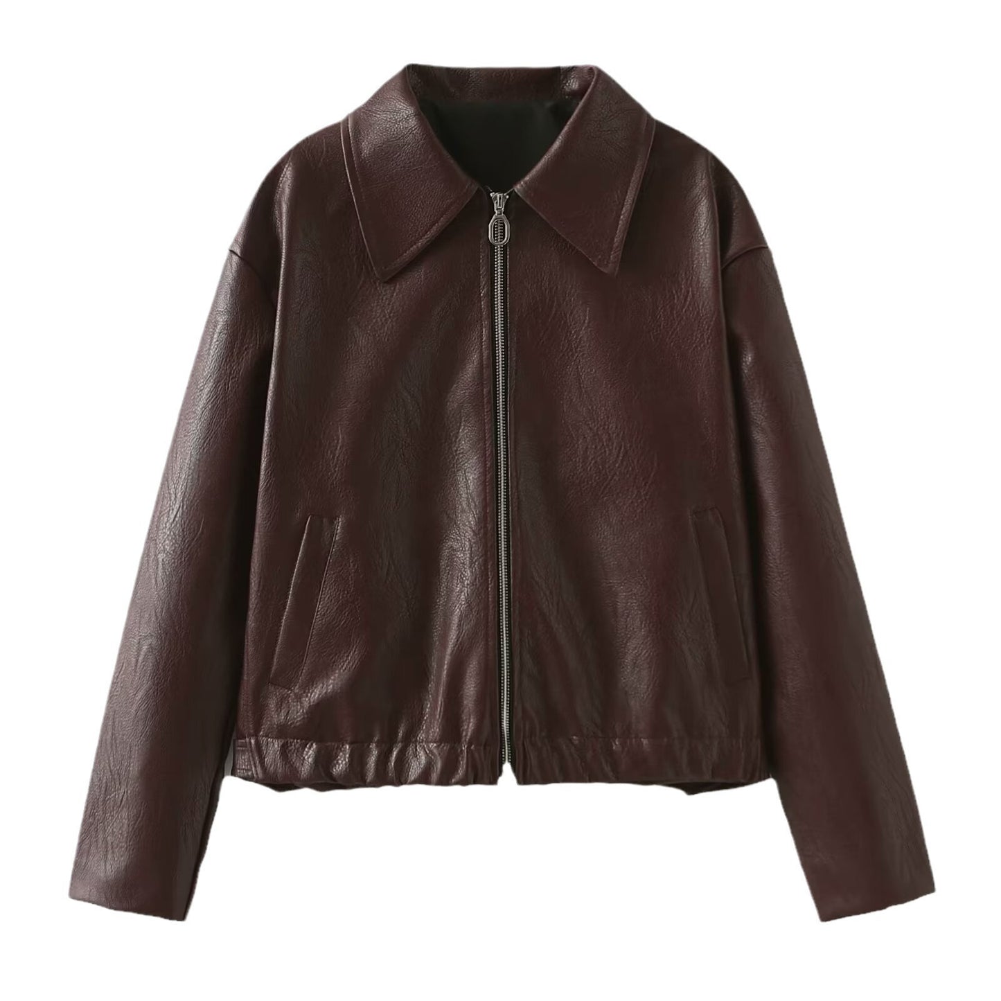PU Leather Women's Solid Color Turn-Down Collar Long Sleeve Zipper Jacket