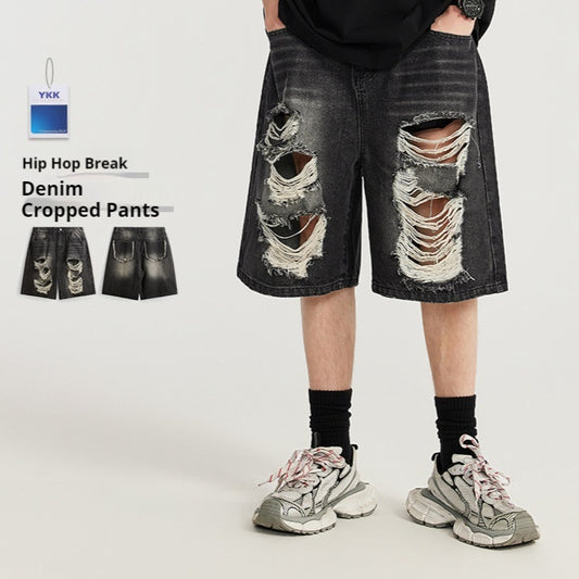 Denim Black Washed Streetwear Hip-Hop Ripped Fringe Raw Edge Pocketed Jean Shorts