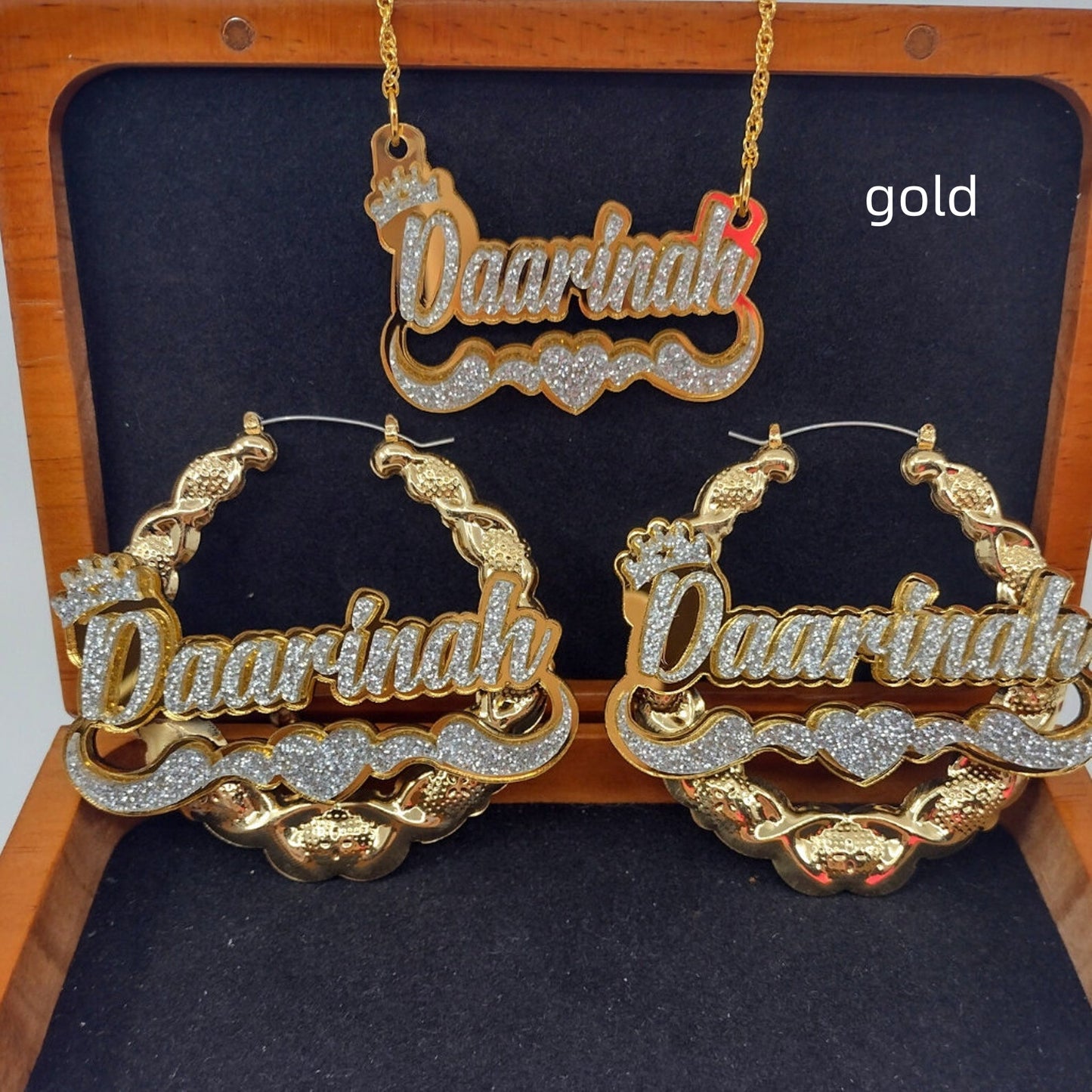 Customized Vintage Hip-Hop Nameplate Chain Necklace + Hoop Earring Set