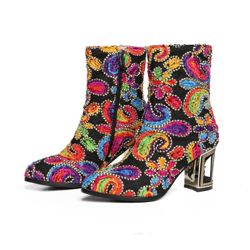 Paisley Floral Print Leather Women's Pointed Toe Metal Platform Heel Ankle Boots