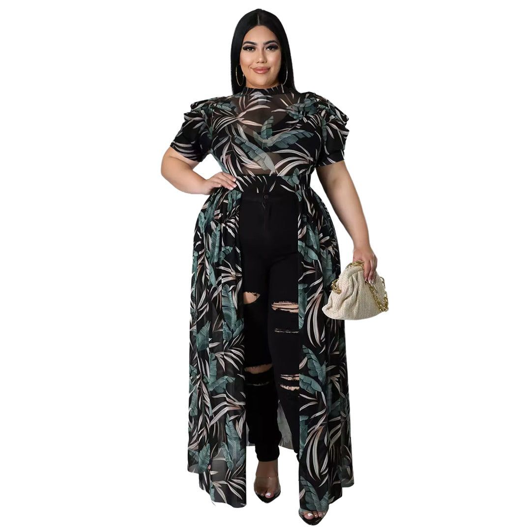 Mesh High-Low Geometric/Floral Pile Sleeve Cut-Out Maxi Blouse to 5X Plus Size