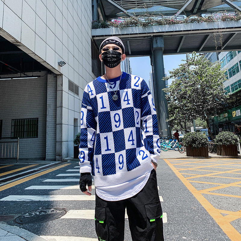 Men's Colorblock Checker Number Print Hip-Hop O-Neck Long Sleeve Sweater