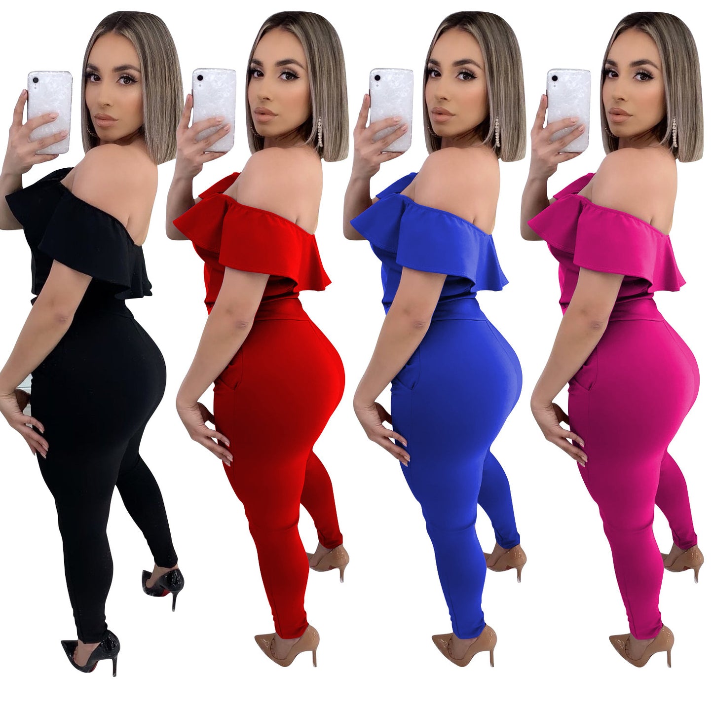 Ruffled Solid Color Off-the-Shoulder Sleeveless Crop Top + Skinny Leggings 2-Piece Set