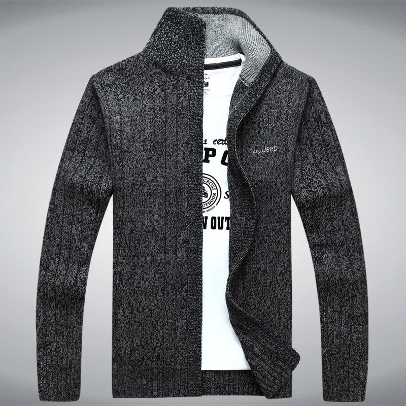 Men's Ribbed Fleece Lined Knitted Stand Collar Skinny Zipper Cardigan Sweater Jacket