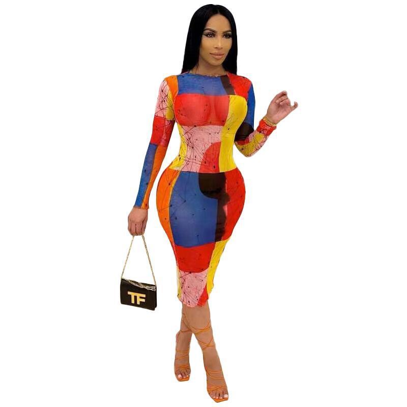 Geometric Colorblock Digital Print Long Sleeve Bodycon Midi Dress