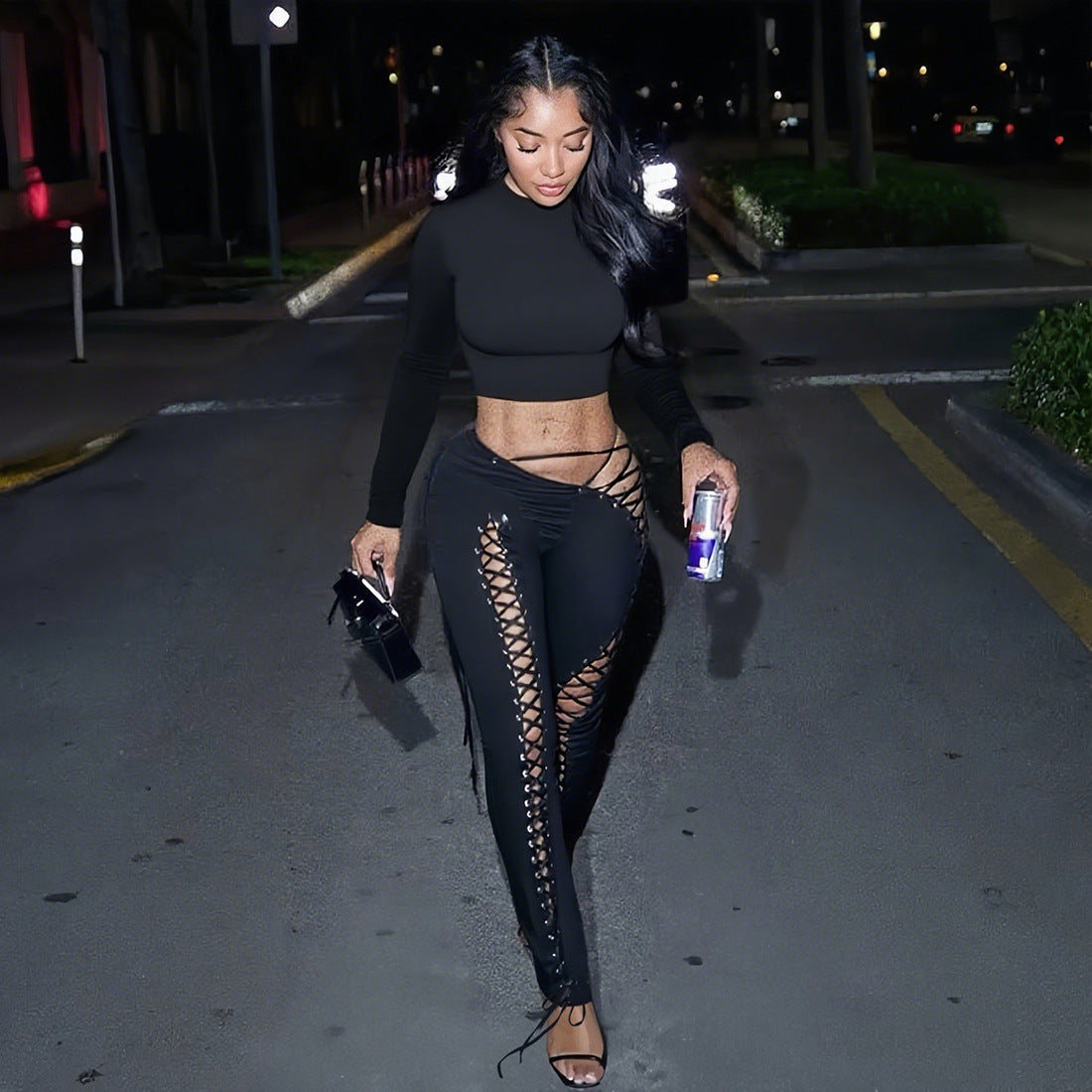 Sexy Long Sleeve Hollow-Out Lace-Up Women's Crop Top + Skin Tight Leggings 2-Piece Set