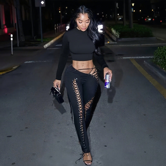 Sexy Long Sleeve Hollow-Out Lace-Up Women's Crop Top + Skin Tight Leggings 2-Piece Set