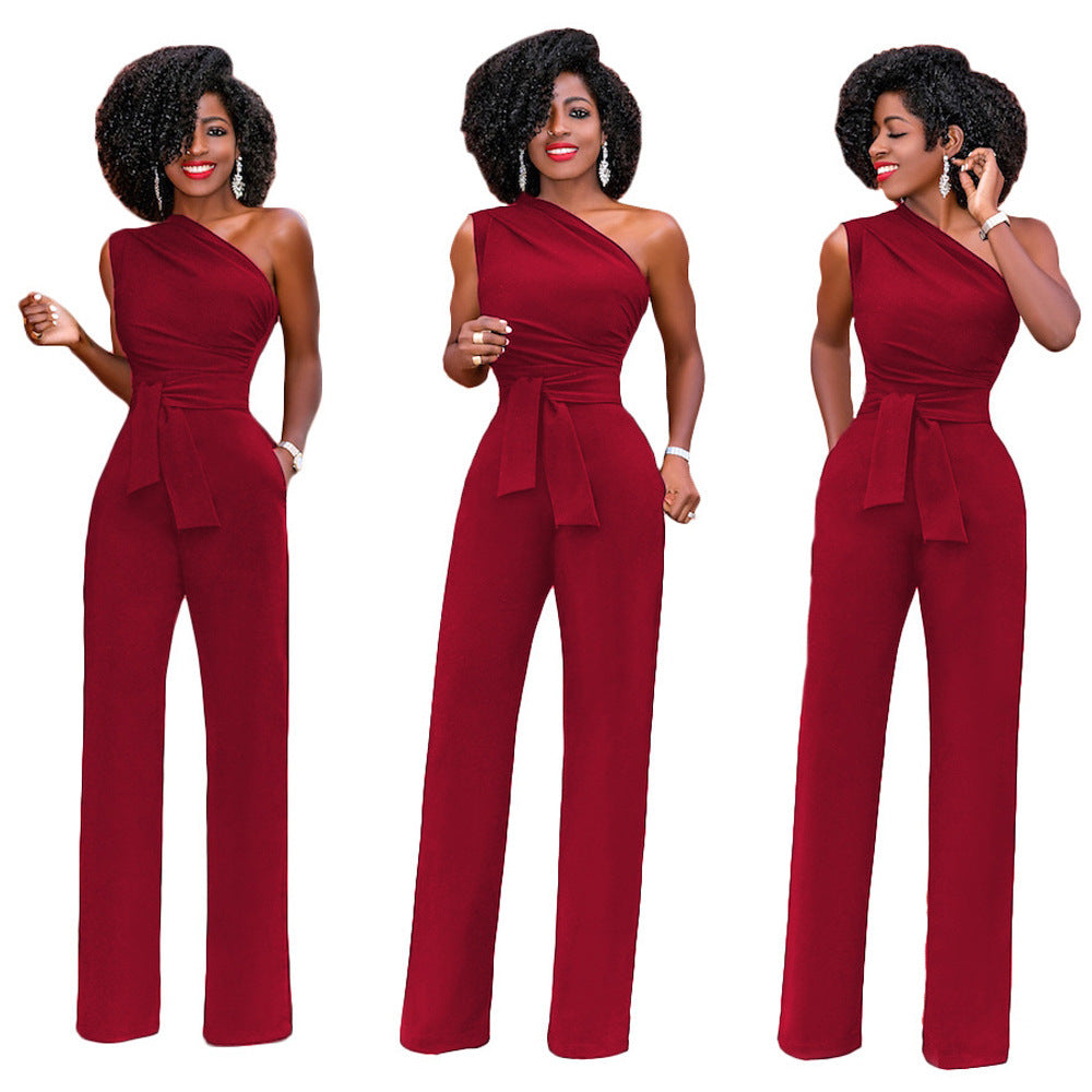 Asymmetrical One Shoulder Solid Color Sash Belted Women's Party Jumpsuit