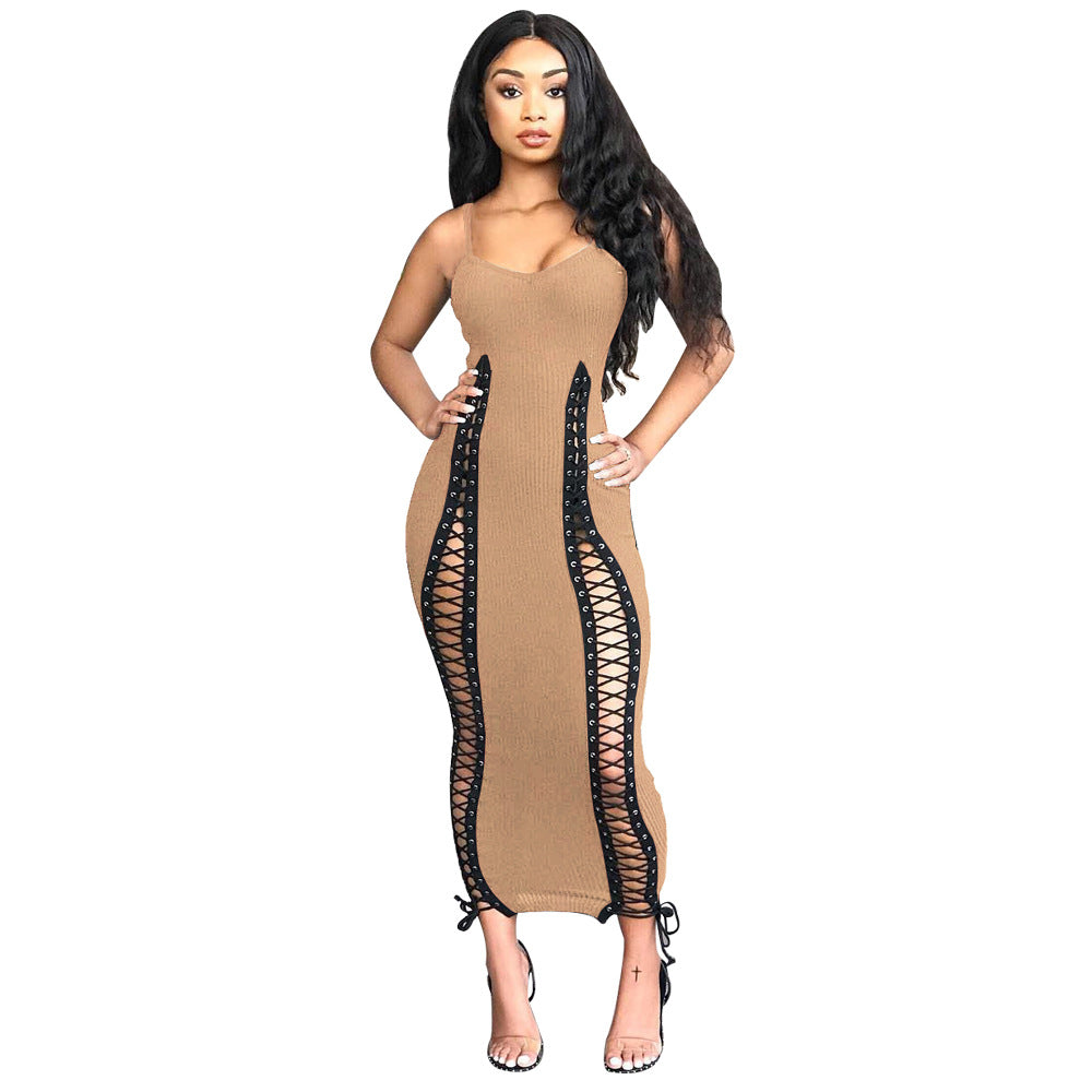 Sleeveless Hollow-Out V-Neck Lace-Up Spaghetti Strap Skinny Maxi Dress