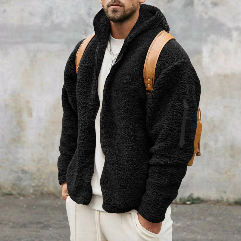Men's Zipper Sleeve Design Plush Fleece Solid Color Reversible Teddy Hoodie Jacket