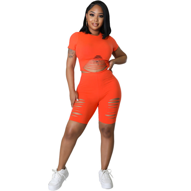 Skinny Solid Color Women's Short Sleeve Crop T-Shirt + Ripped Workout Shorts 2-Piece Fitness Set to 5X Plus Size