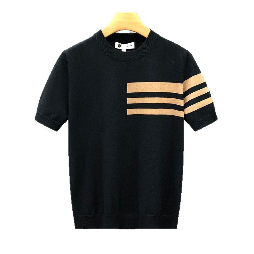 Trendy All-match Round Neck Knitted Short Sleeve Contrast Color Thin T-shirt
