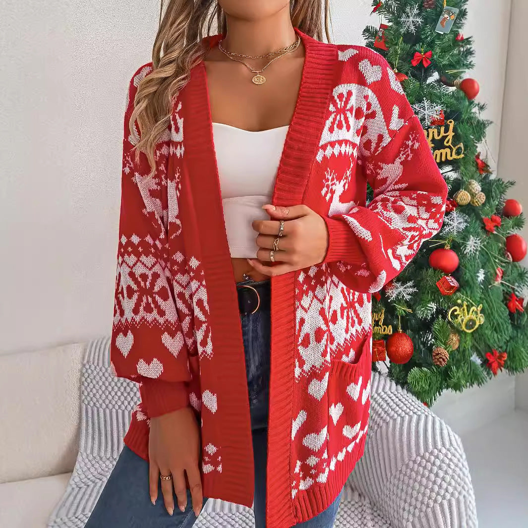 Knitted Christmas Reindeer Women's Printed Open Front Lantern Sleeve Oversized Pocketed Sweater