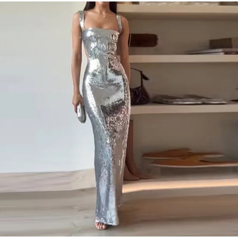 Silver Metallic Sequin Design Sleeveless Halter Strap Formal Maxi Party Dress