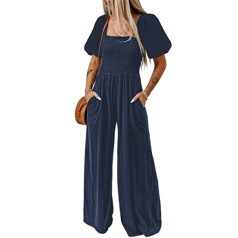 Square Collar Short Puff Sleeve Solid Color Wide Leg Jumpsuit