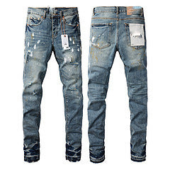 Men's Ripped Colorblock Tie-Dye Print Hip-Hop Stretch Skinny Jeans