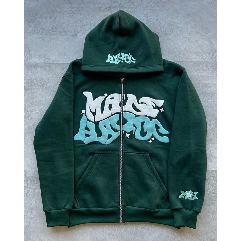 Men's Squiggly Letter Print Zipper Hoodie Sweatshirt