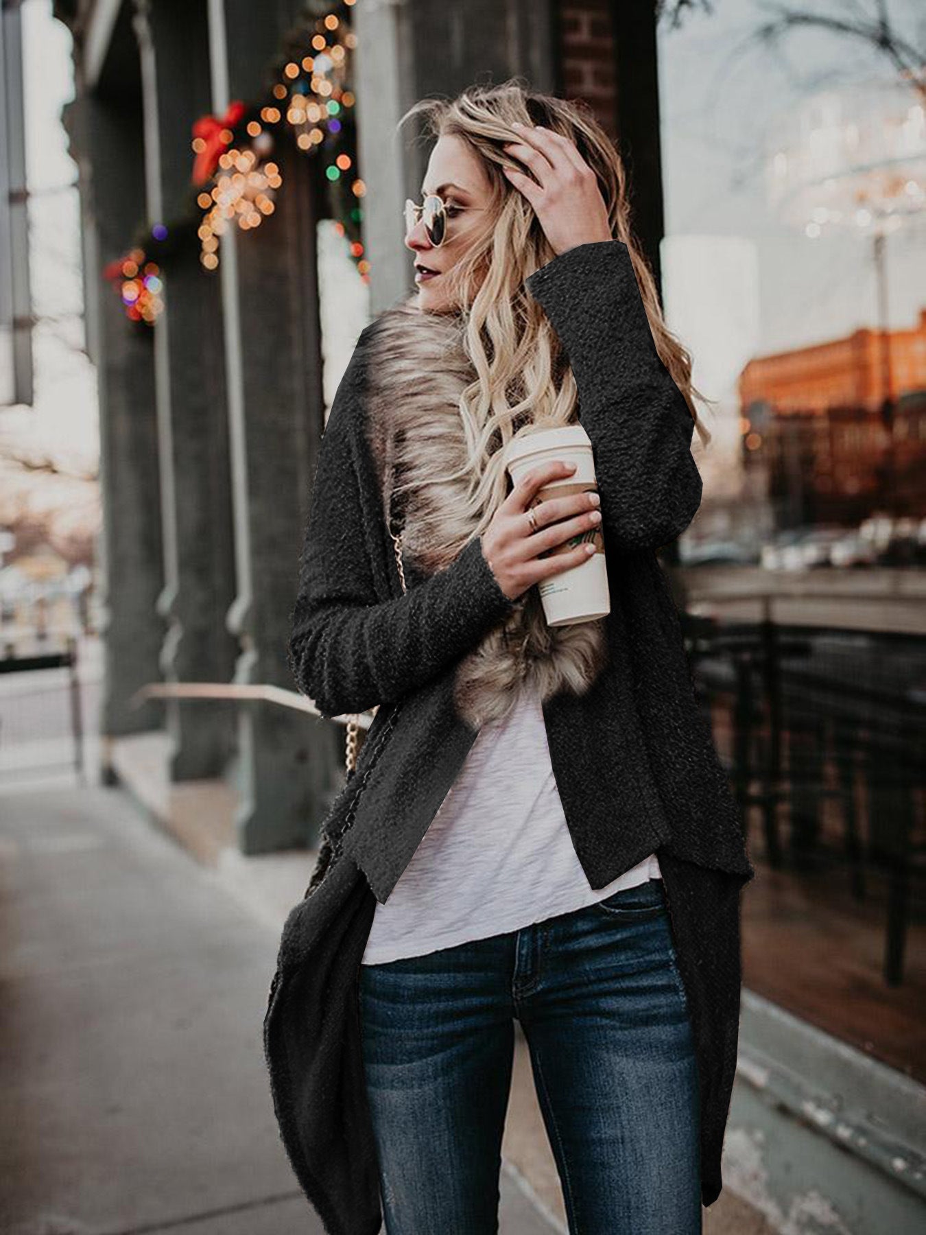 Cashmere Women's Faux Fur Collar Long Sleeve Cardigan Maxi Sweater