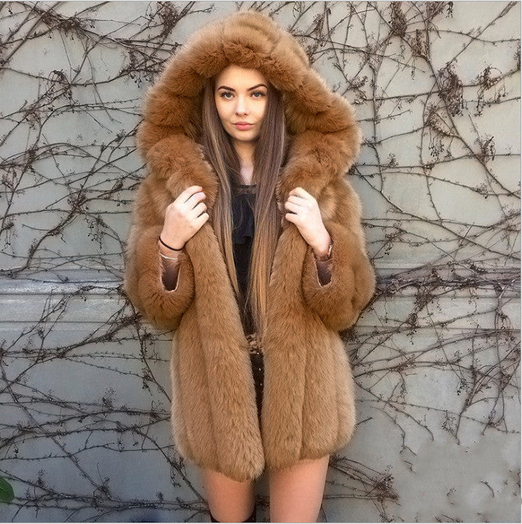 Faux Fur Ribbed Women's Long Sleeve Short Solid Color Hoodie Coat