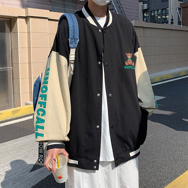 Men's Cartoon Teddy Bear Bear Embroidered Baseball Bomber Jacket