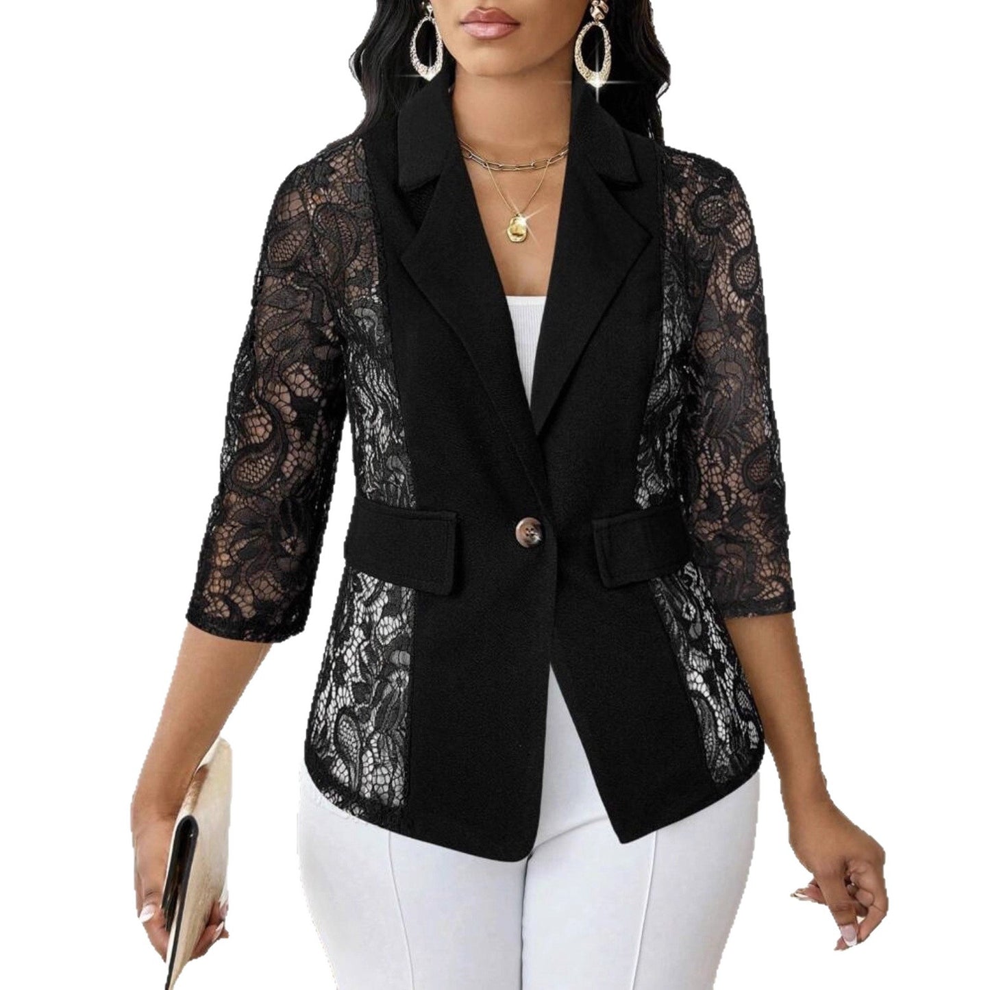 Lace Floral Solid-Color Lace Hollowed-Out 3/4 Sleeve Women's Blazer Jacket